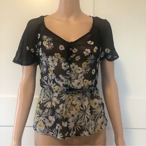 Lauren Conrad LC Black Floral Flutter Sleeves Chiffon Sheer Blouse Top XXS